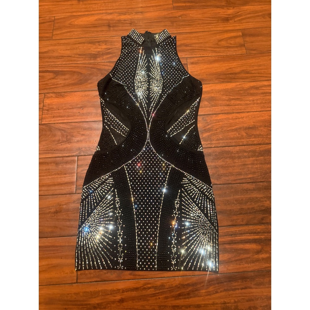 Banjul Black Rhinestone Studded Mesh Mini Dress High Neck Bodycon Sleeveless - Picture 1 of 11
